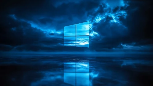 Backlit window symbol floats over reflective oceanic horizon