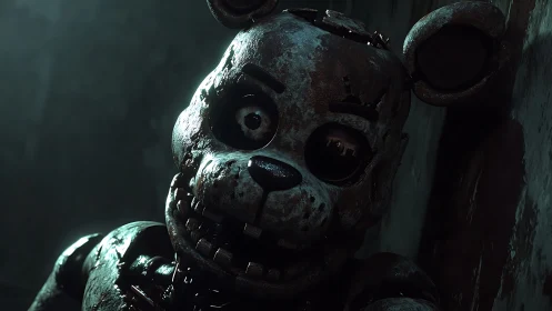 Corroded animatronic bear under asymmetric horror lighting.