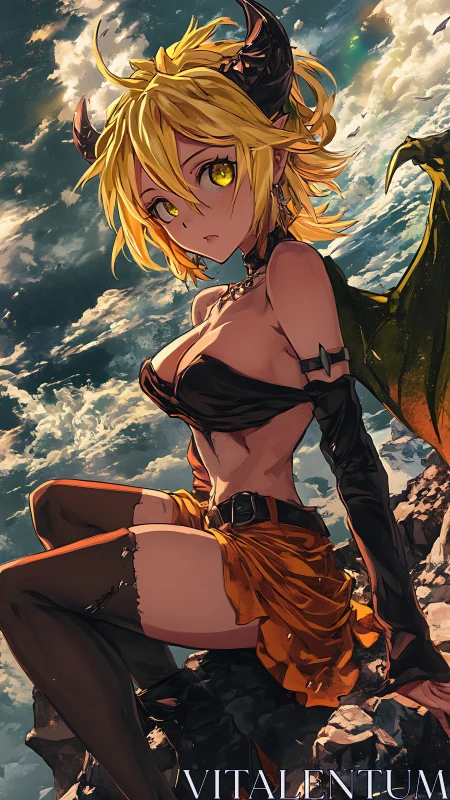 Demon-winged anime girl posed against dramatic skyscape