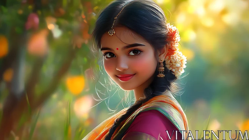 Traditional Indian Woman in Saree with Flowers, Digital Art Portrait.