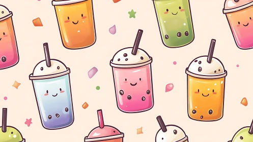 Cute pastel bubble tea cups form seamless kawaii pattern