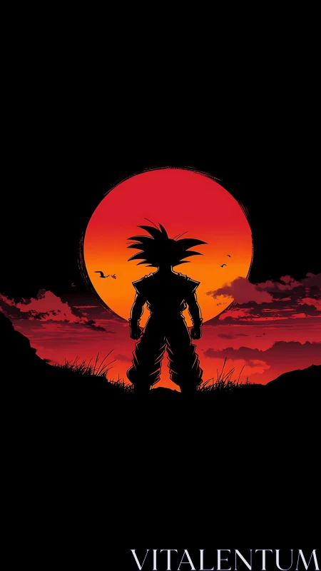 Silhouetted anime warrior stands before blazing red sunset.