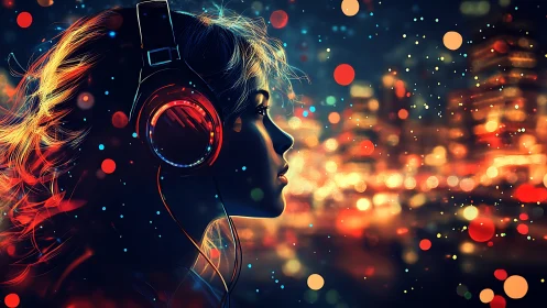 Side profile of headphone user against urban night lights.