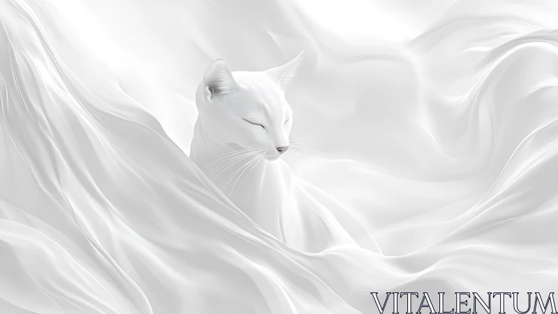 Serene White Cat Wrapped in Flowing Fabric Dreams.