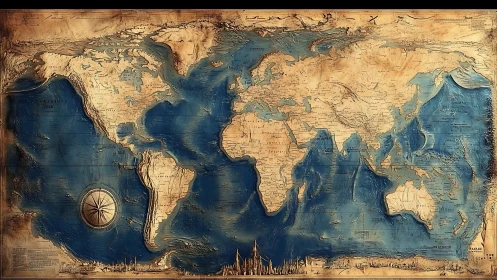 Antique-style world map with relief oceans and compass rose.