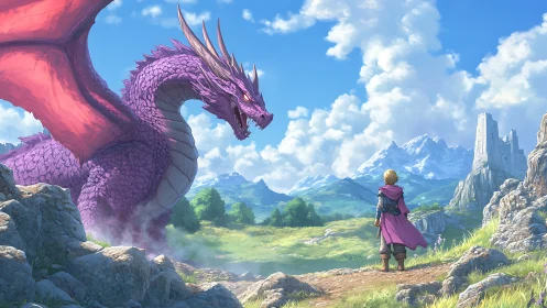 Knight confronts purple dragon in bright mountain valley.