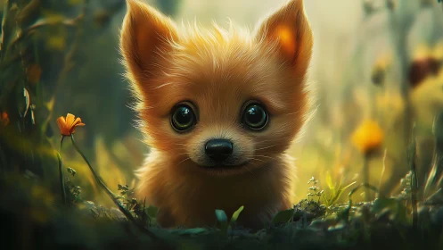 Woodland sprite pup with moon-big eyes and sunlit fur.