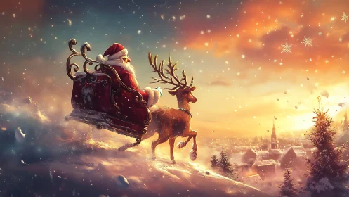 Santa soars above a glowing winter town at golden dusk