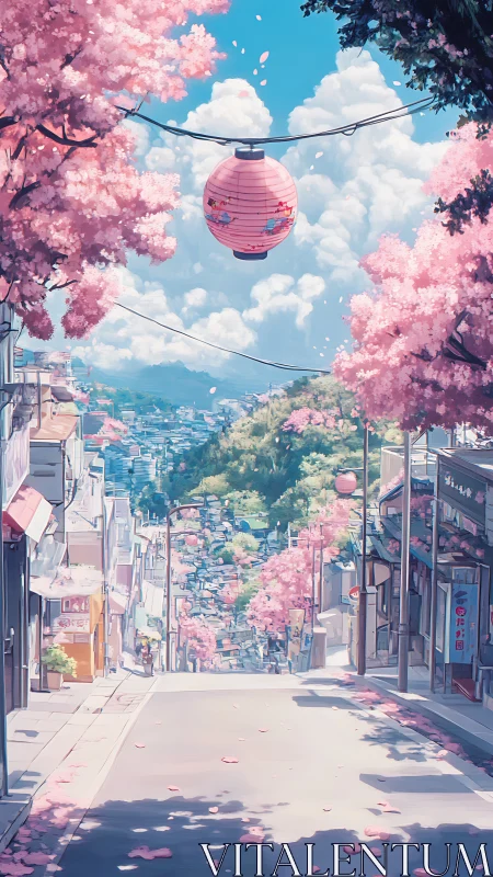 Steep cherry-blossom avenue with suspended lantern perspective.