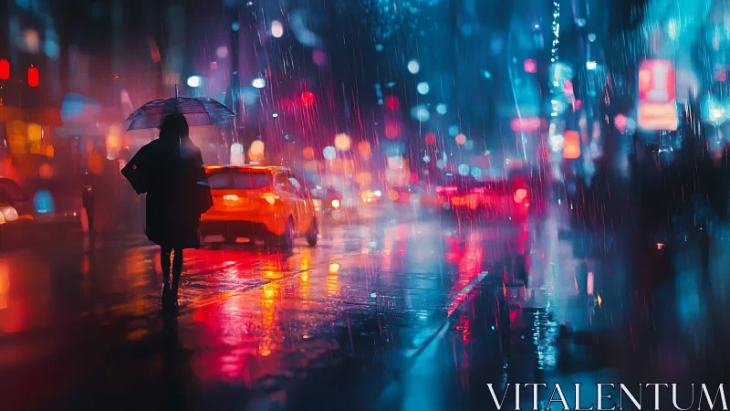 Silhouetted person walks under umbrella on neon city street