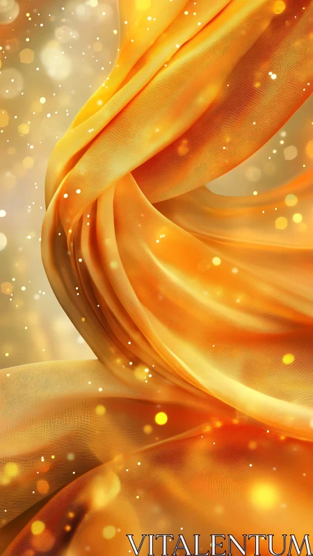 Golden translucent fabric folds with floating glowing particles