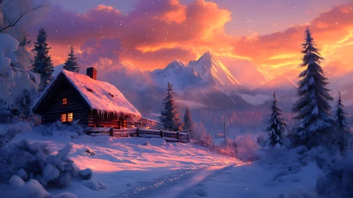Snowy cabin at dusk under glowing winter mountains.
