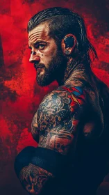 High-contrast portrait of tattooed fighter under saturated red backlight
