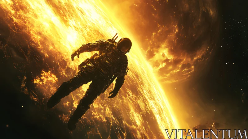 Solitary astronaut drifts above a blazing golden star field