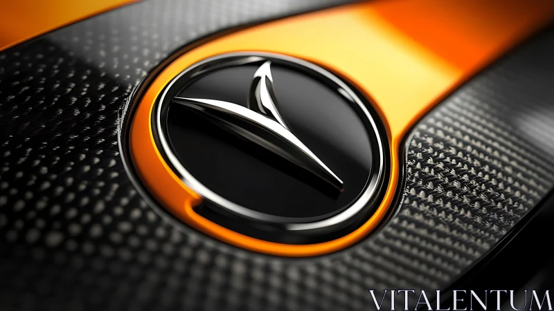 Automotive emblem rendered on glossy carbon fiber panel surface