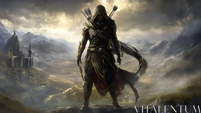 Hooded fantasy ranger stands over misty mountain valley