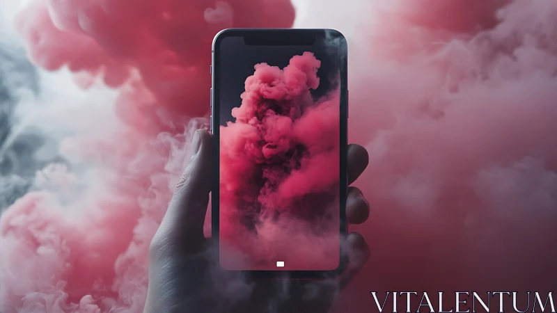 Smartphone screen aligns with surrounding pink smoke cloud