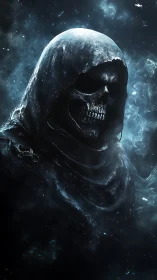 Digital painting of spectral reaper figure in cosmic shroud.