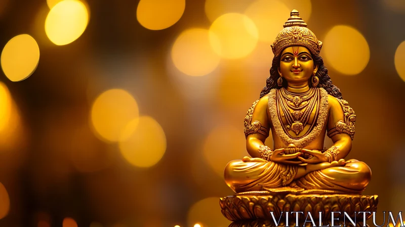 Golden Hindu goddess statue with warm bokeh lights behind.