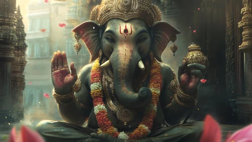 Lord Ganesha digital idol glows in ornate temple light