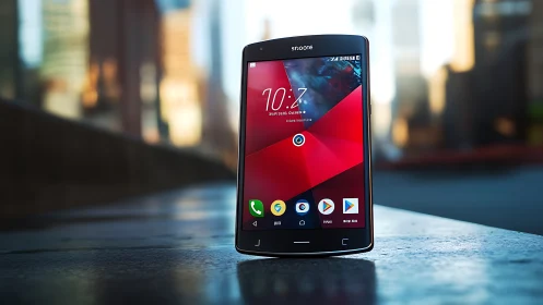 Smartphone Display Product Photography Shot Against Blurred Urban Backdrop.