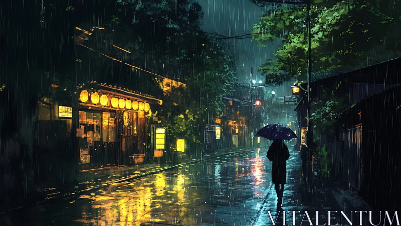 Nocturnal rain corridor with reflective neon wet-street optics.