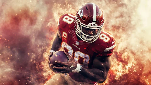 Digital painting of red football player sprinting through fire.
