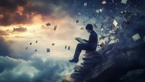 Surreal mountain reader amid storm of flying books at dusk.