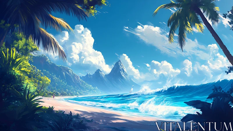 Tropical Beach Vista with Mountain Range and Coastal Landscape