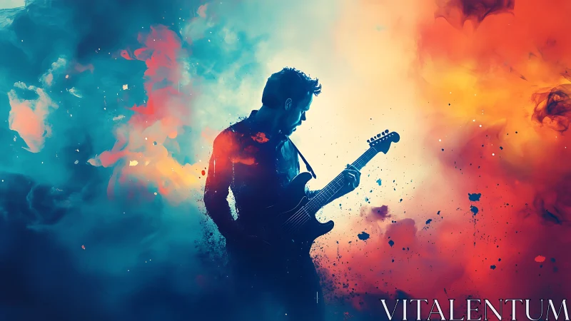 Guitarist silhouette stands against vivid blue and orange clouds