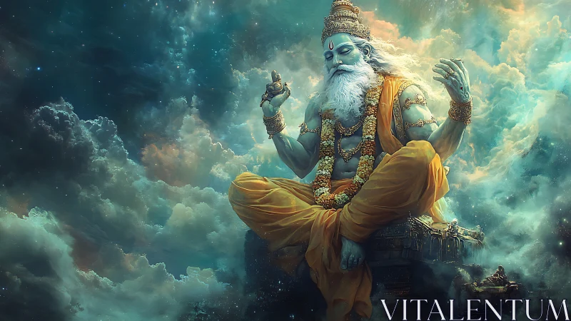 Celestial blue sage levitates above luminous storm clouds