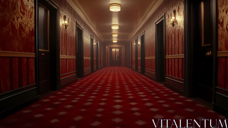 Moody hotel corridor stretches into a warm, tense distance