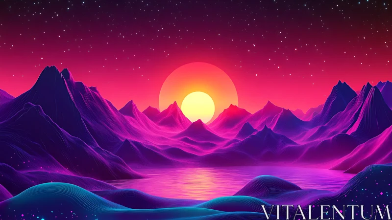 Neon mountains frame stylized sunset above reflective water