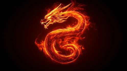 Fiery serpentine dragon silhouette on black background.