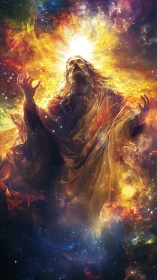 Transcendent robed figure radiating cosmic stellar luminosity