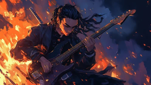 Samurai guitarist shreds a fiery solo against stormy skies