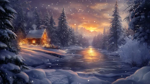 Snowy riverside cabin under glowing winter sunset sky.