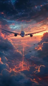 Jetliner cuts through storm clouds above glowing city grid.