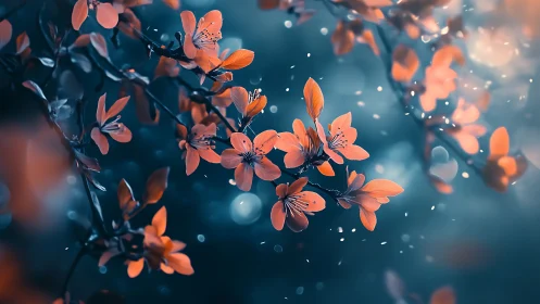 Orange blossoms on branches with cool bokeh background.