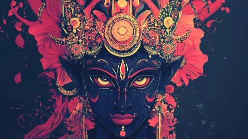 Divine neon goddess portrait in ornate floral headdress.