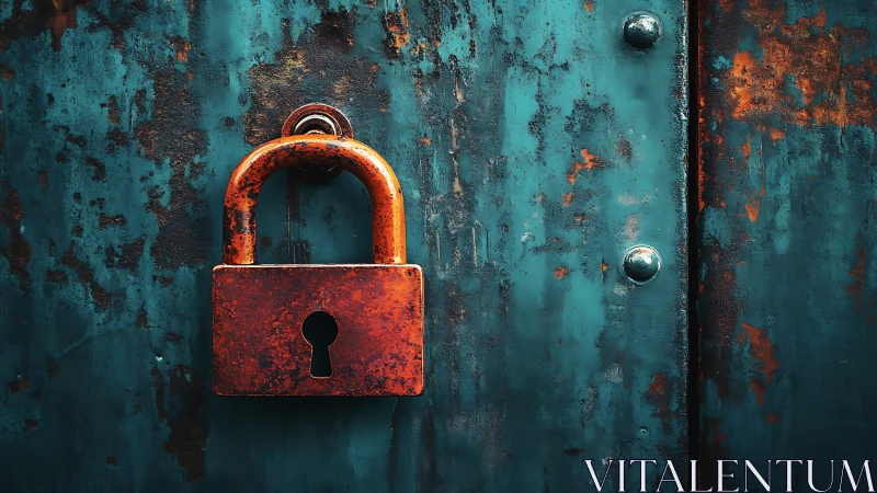 Rust-bright padlock leans like a stubborn heart on teal steel