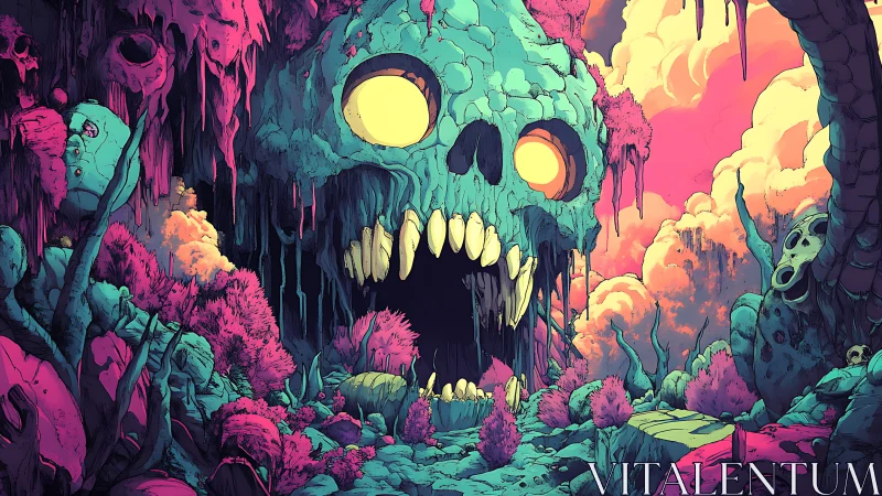 Skull cavern landscape under neon sky with jagged teeth.
