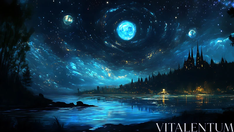 Celestial lakeside citadel under swirling nocturne sky.