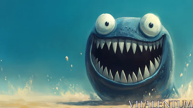 Cartoon sea monster grins broadly with exaggerated teeth