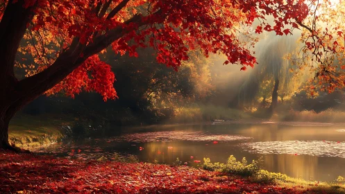 Autumn maple canopy over misty reflective woodland lake.