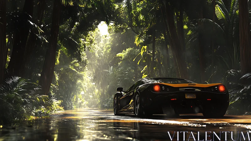 Rain-slick jungle roadway with hypercar under volumetric light.