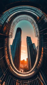 Futuristic skyscrapers framed by oval glass atrium opening
