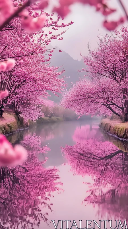 Cherry blossom river glows softly beneath misty spring mountains