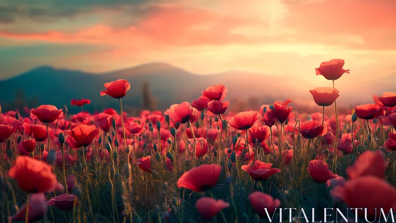 Red Poppies Glowing Against Mountain Backdrop at Sunset.