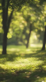 Sun-dappled forest pathway with selective focus on verdant ground layer.